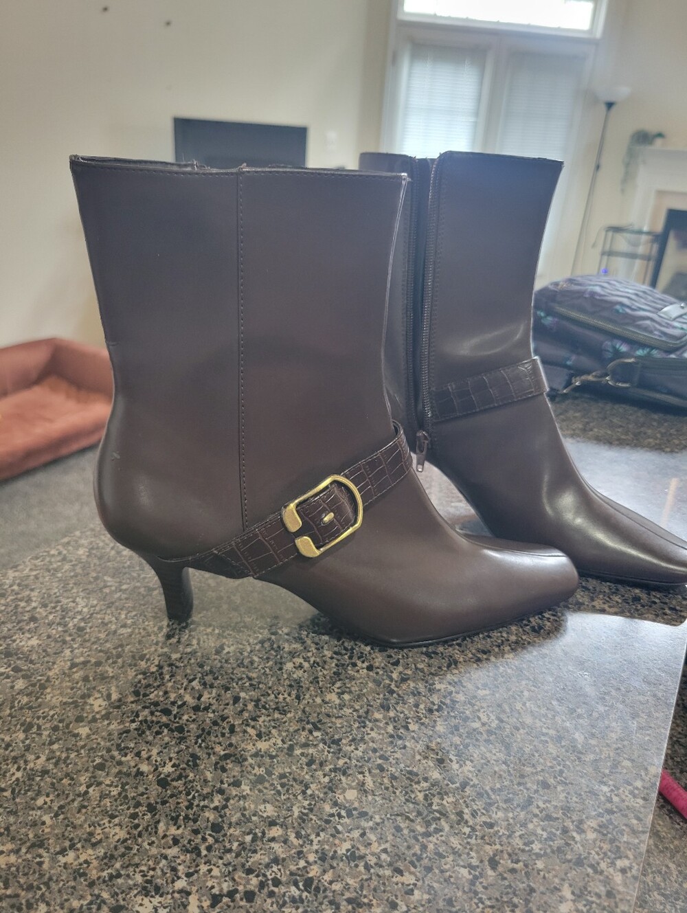 Karen Scott Women's Ankle Boots Size 7.5 Brown Kitten Heel Croc Strap Buckle Zip